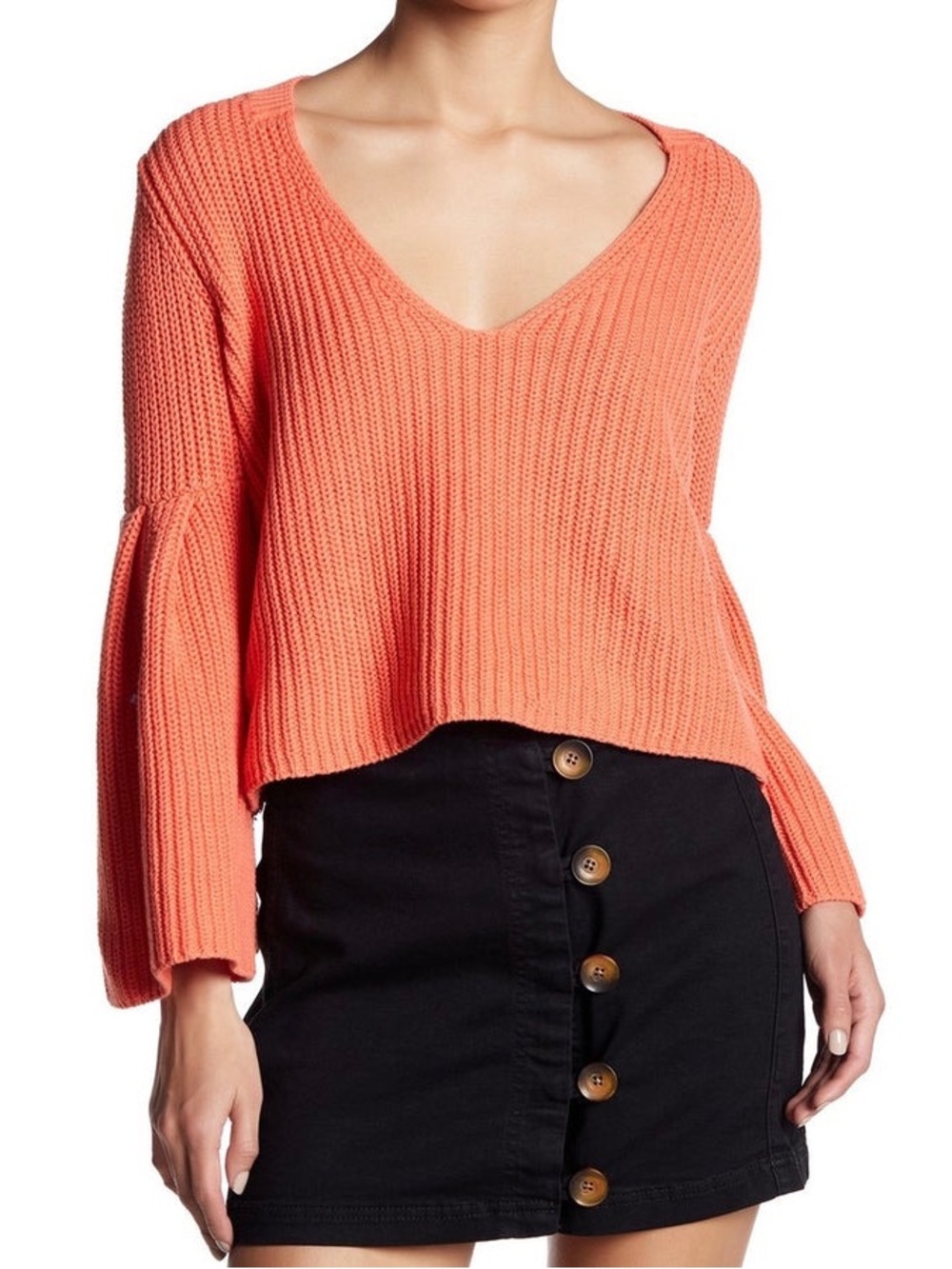 Free People Coral V-Neck Ribbed Cropped Sweater